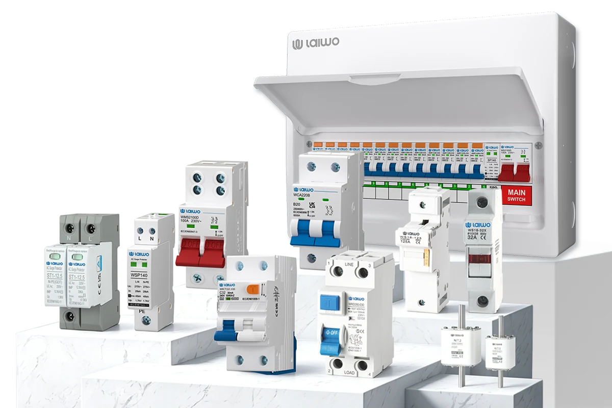 LAIWO circuit breakers, RCBOs, surge protectors, fuse holders and a populated consumer unit