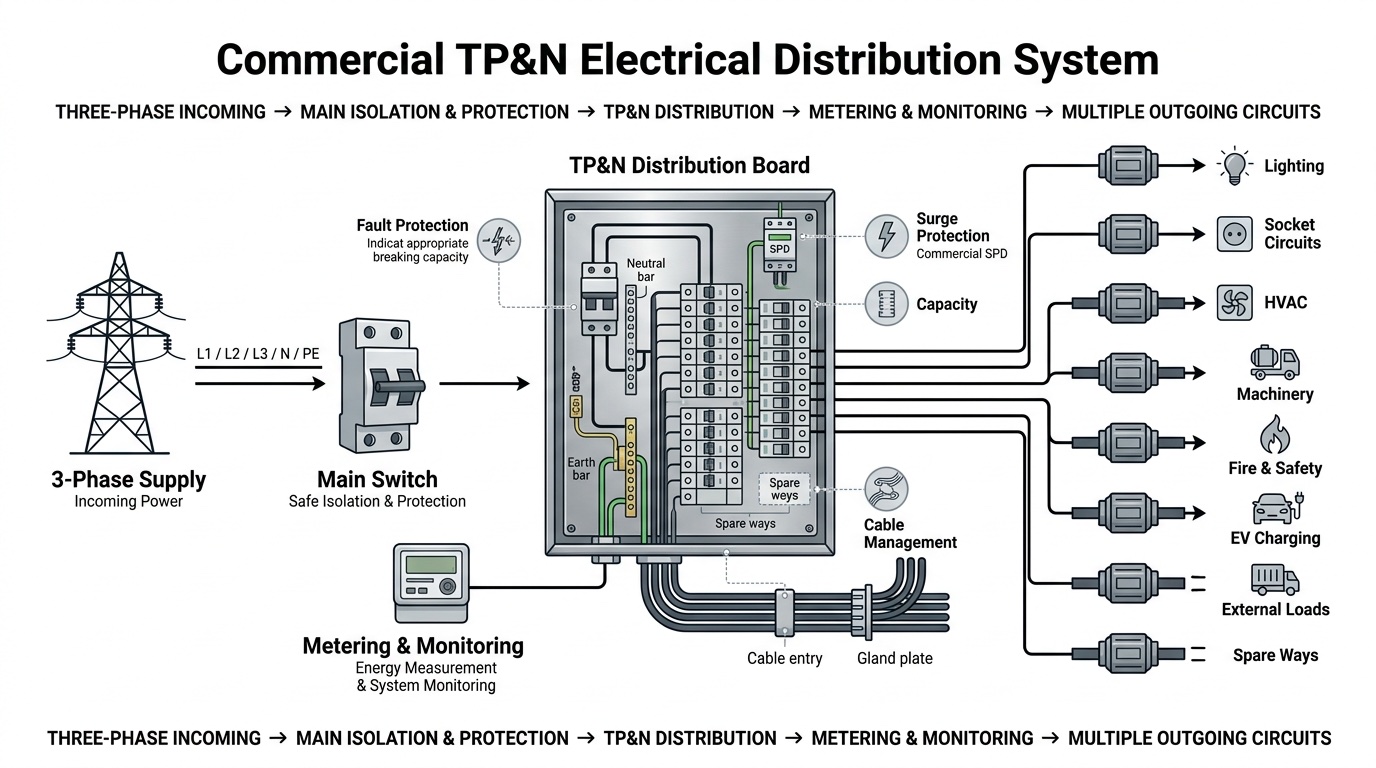 System diagram of a commercial TP&N installation: three-phase supply and main switch into a TP&N distribution board with SPD and metering, feeding lighting, sockets, HVAC, machinery, fire safety, EV charging, external loads and spare ways