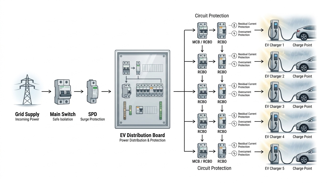 System diagram of an EV charging installation: grid supply, main switch and SPD into an EV distribution board, with MCB/RCBO pairs providing overcurrent and residual-current protection for five charge points