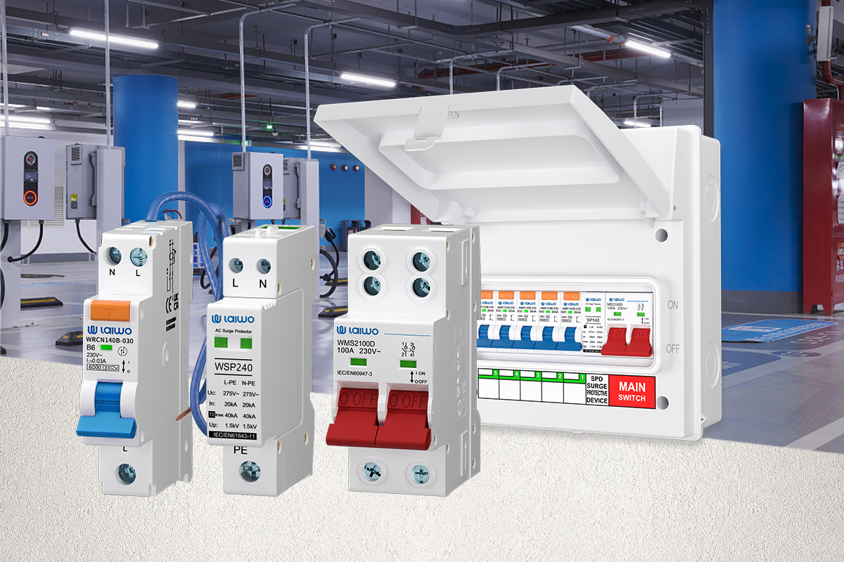EV charging distribution range shown in a car park with wall-mounted chargers: an RCBO, a WSP240 surge protector and a 100A main switch, beside a populated distribution board