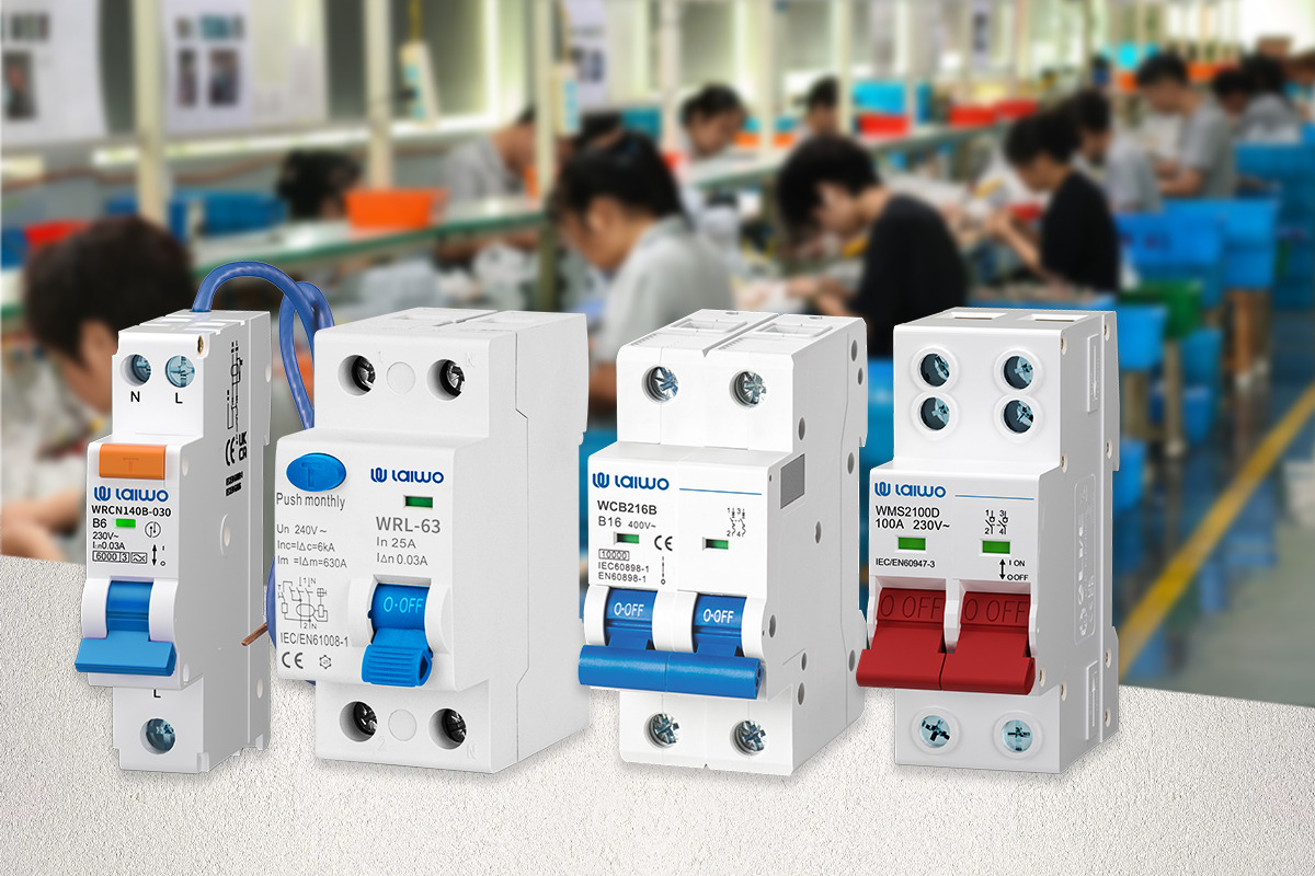 Private-label range shown against the assembly line that builds it: an RCBO, an RCCB, an MCB and a main switch, all carrying LAIWO marking