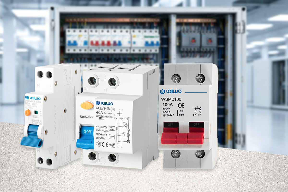 Panel builder supply range shown against an assembled switchboard: an RCBO, a double-module RCBO and a 100A main switch