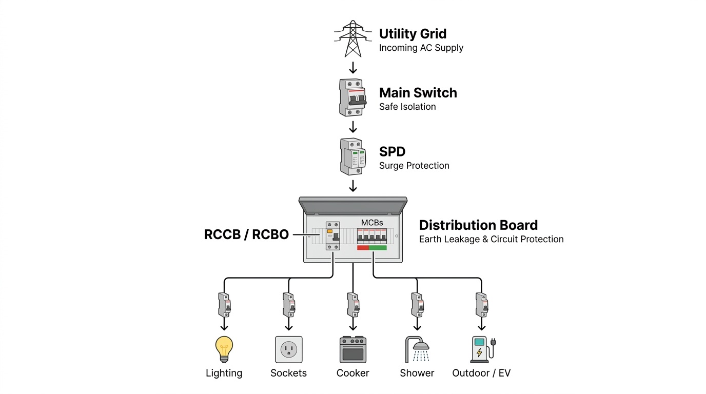 System diagram of a residential board: utility grid, main switch and SPD feeding a distribution board, with RCCB/RCBO and MCBs supplying lighting, sockets, cooker, shower and outdoor or EV circuits