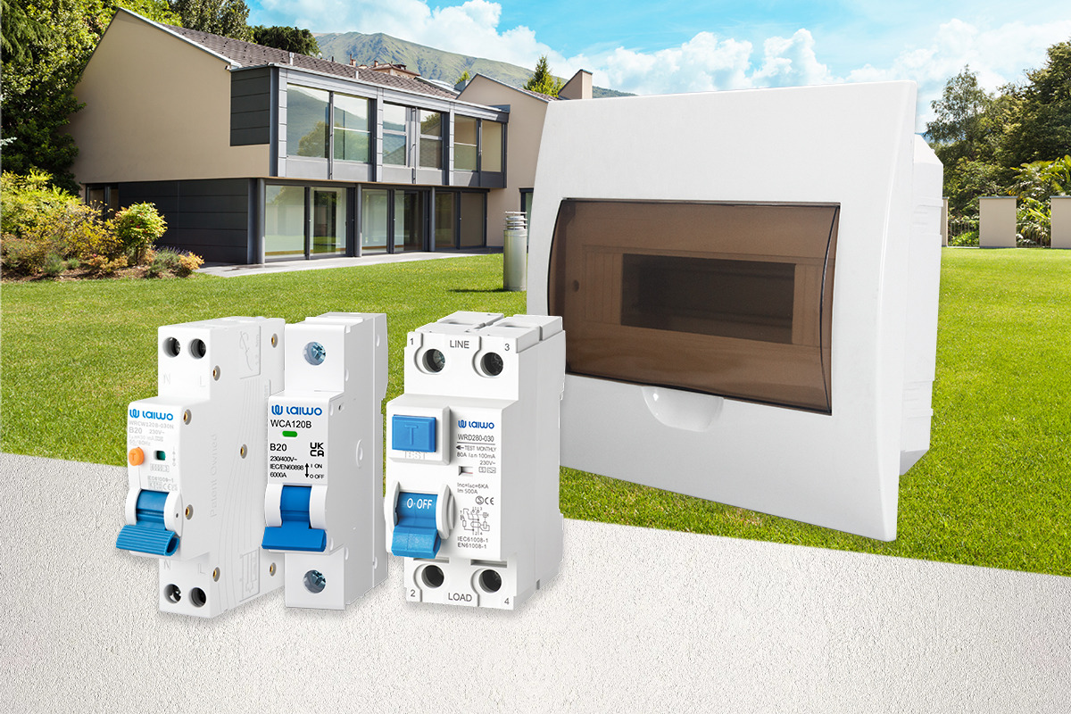 Residential distribution range shown against a house exterior: a plastic distribution box with the lid open on its DIN rail, beside an MCB, an RCCB and an RCBO