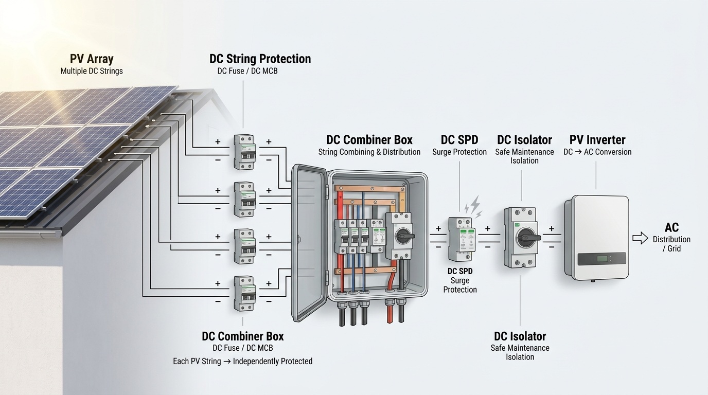 System diagram of a PV DC installation: string protection on each PV string, a DC combiner box, then DC SPD and DC isolator ahead of the inverter and the AC distribution