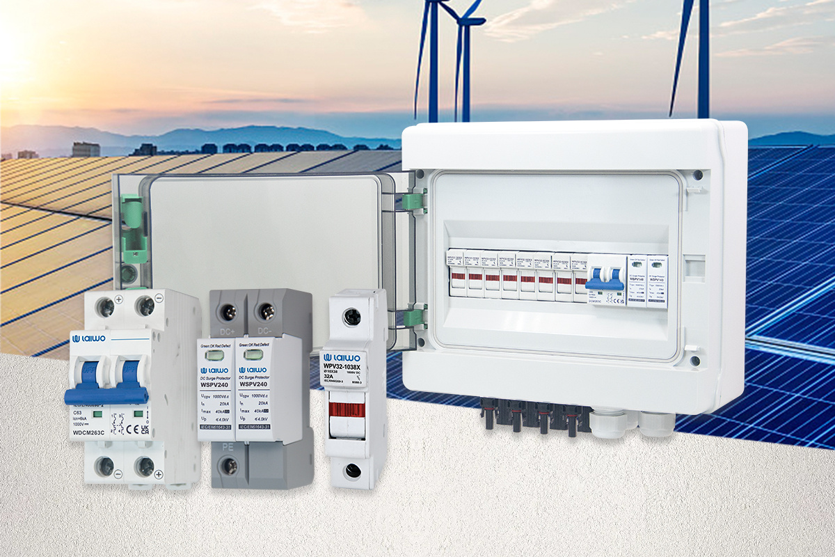 Solar DC protection range shown against a photovoltaic array: a DC miniature circuit breaker, a WSPV240 DC surge protector and a PV fuse holder, beside an IP65 DC combiner box
