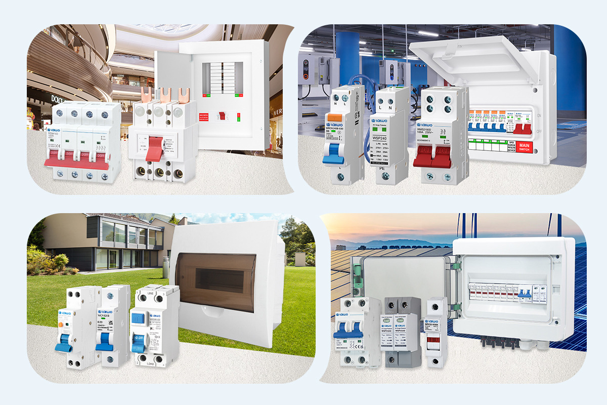 The four application paths side by side: a commercial board, an EV charging unit, a residential distribution box and a solar DC enclosure, each with its protective devices